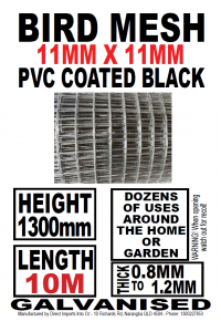 Bird Mesh – High END Black & PVC Coated - 10mx1.3m 11x11mm Holes - DELIVERED