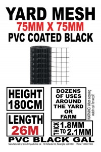 Galvanized Wire Mesh Fencing 1800mm x 26m - DELIVERED 75mm x 75mm Squares BLACK 75x75mm